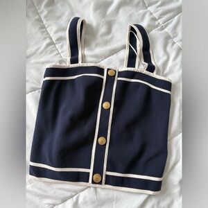 Blue and white top with gold buttons